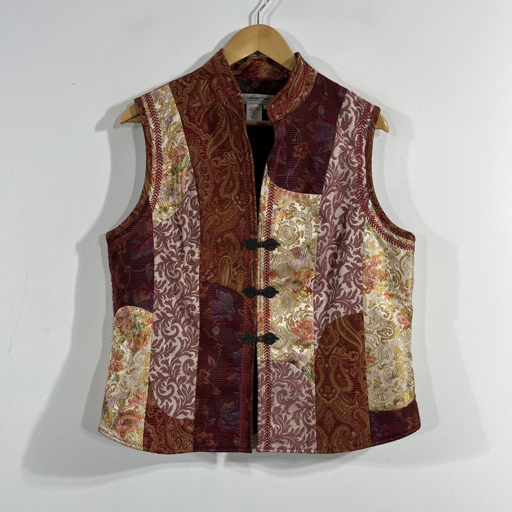 Coldwater Creek Boho Artsy Patchwork Tapestry Vest Brocade Frog Closure Large